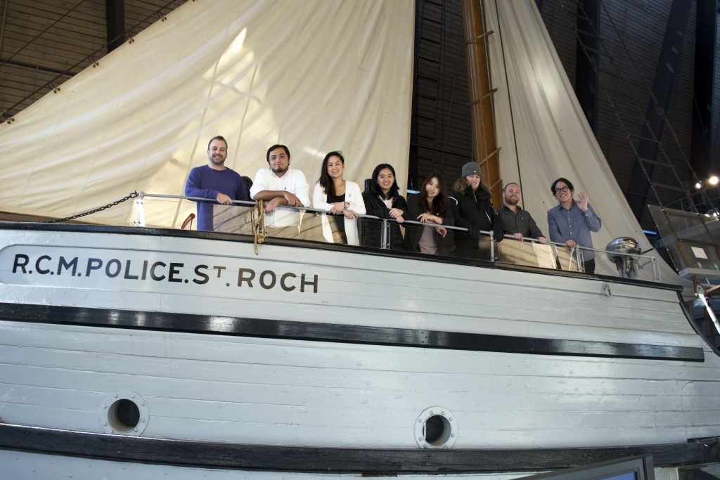 The eight students from the Masters of Digital Media program at the Centre for Digital Media who developed the St. Roch Wheelhouse Experience and touchscreen in collaboration with Vancouver Maritime Museum and Haley Sharpe Design